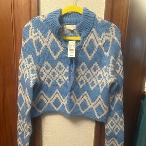 La Hearts Sky Blue and Cream Patterned Turtleneck Sweater